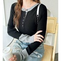 レイヤード風ヘンリーネックリブニットトップス