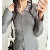 ゴールドボタンポロ衿リブニットトップス