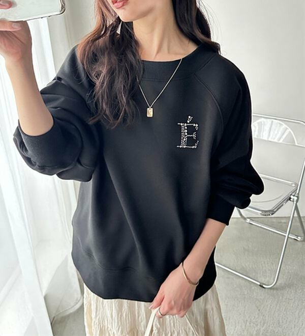 ビジューワッペンボートネックスウェット1