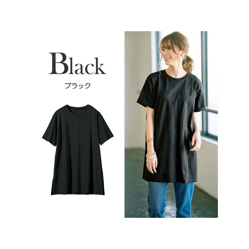 綿１００％フットボールチュニックＴシャツ　大きいサイズ レディース ブラック 1