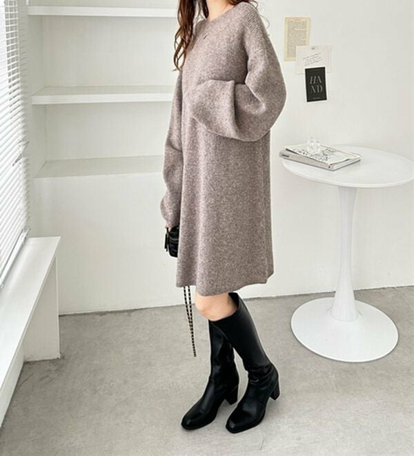 ボートネックミニ丈ニットワンピース 大きいサイズレディース20