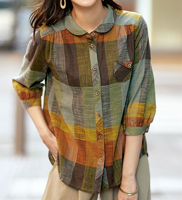 スラブ調先染めチェックポケットブラウス　  