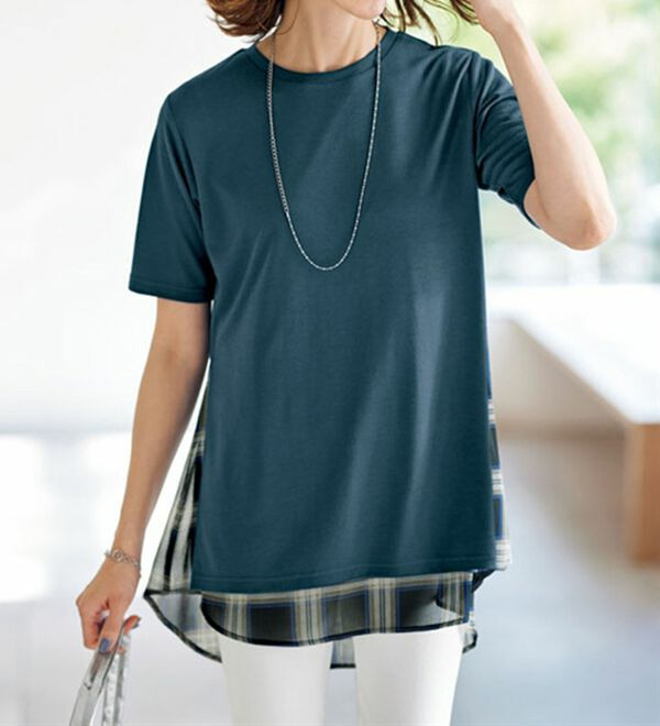 異素材使いチェック柄チュニック　　　　　  