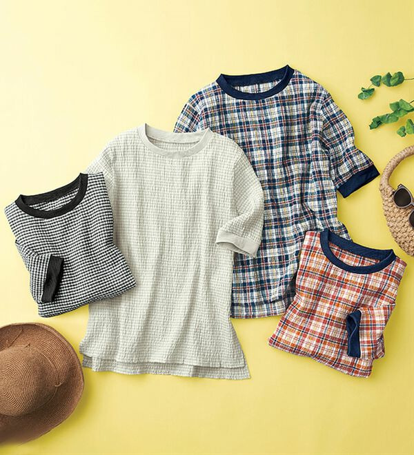 リブ付きチェック柄涼感Ｔブラウス　　　　  