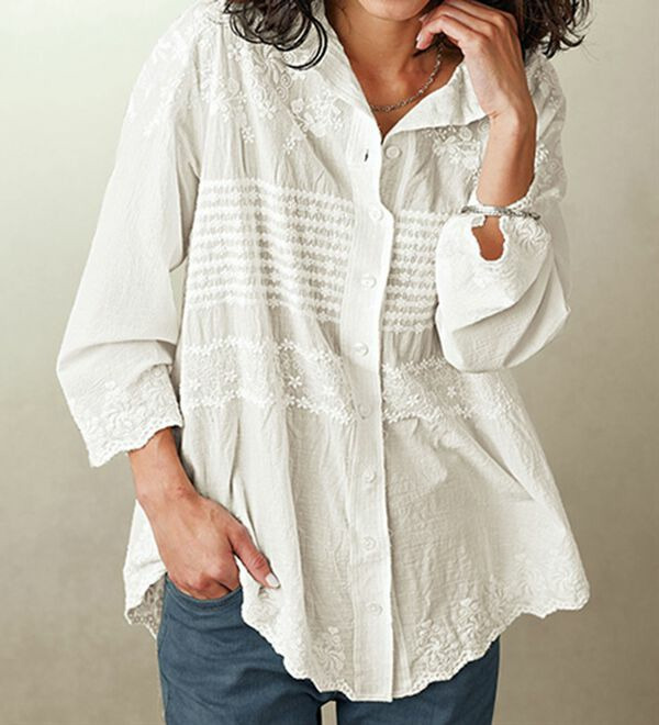 綿混ワッシャー素材パネル刺しゅうブラウス  