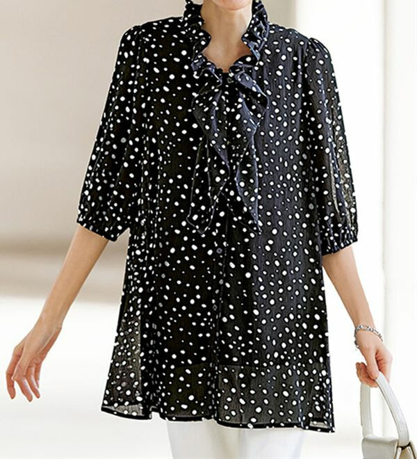 二の腕カバー楊柳ドット柄オーバーブラウス  