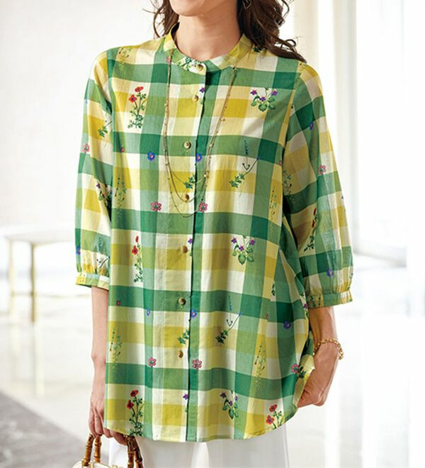 綿１００％刺しゅう風チェックブラウス　　  