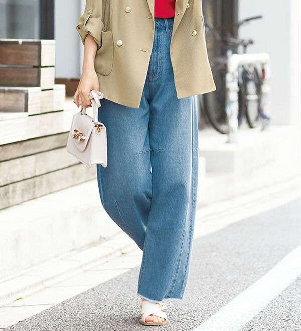 綿１００％フリンジ使いカーブデニムパンツ  