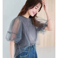 ひんやり！チュールレイヤードパフスリーブTシャツ