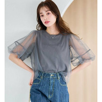 ひんやり！チュールレイヤードパフスリーブTシャツ