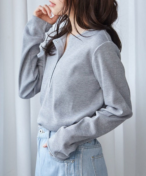 ヘンリーネックワッフルロンT15
