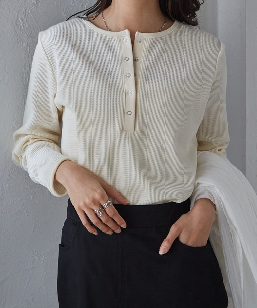 ヘンリーネックワッフルロンT18