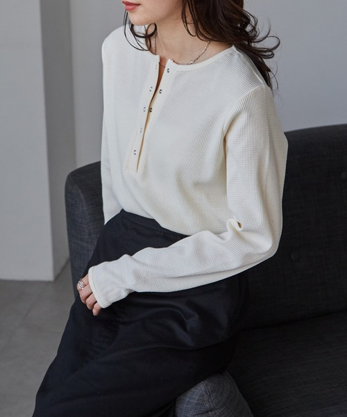 ヘンリーネックワッフルロンT19