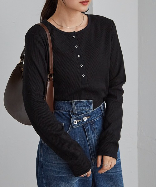 ヘンリーネックワッフルロンT2