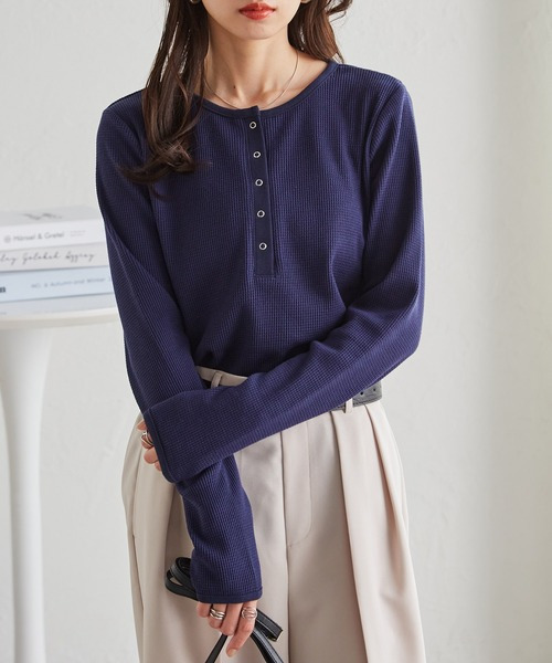 ヘンリーネックワッフルロンT22