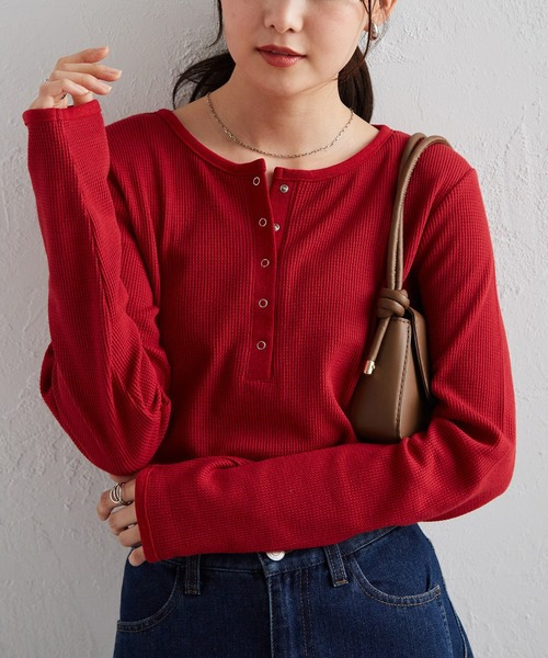 ヘンリーネックワッフルロンT25