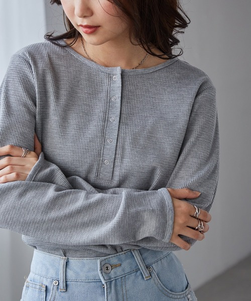 ヘンリーネックワッフルロンT4