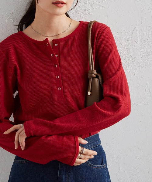 ヘンリーネックワッフルロンT5