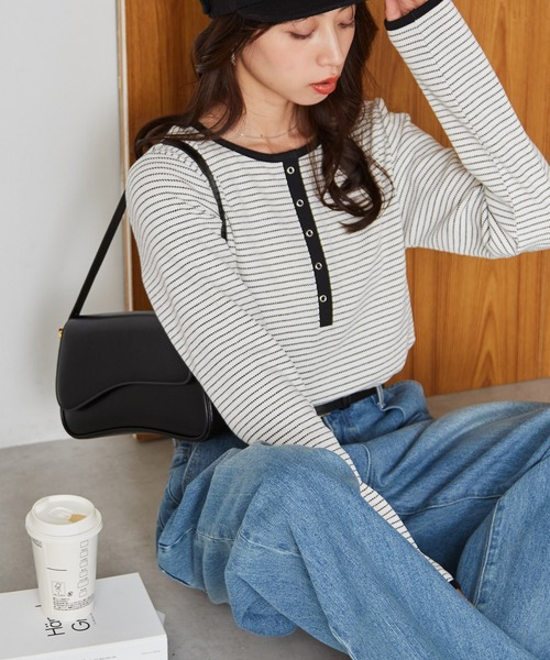 ヘンリーネックワッフルロンT7