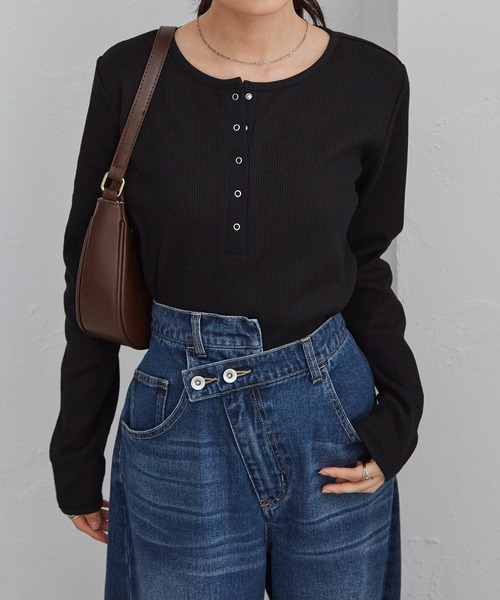 ヘンリーネックワッフルロンT8