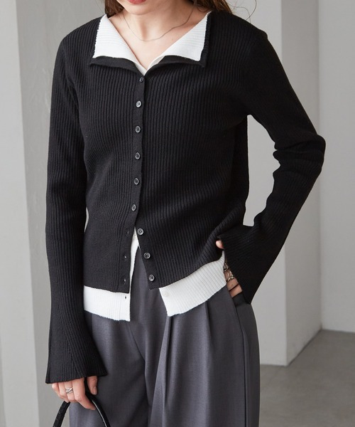 レイヤード配色ニットカーディガン1