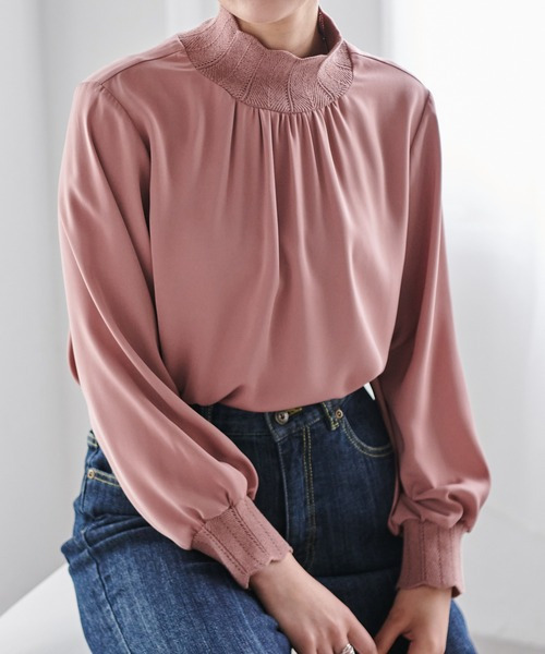 スカラップリブニット使いブラウス 大きいサイズ レディース26