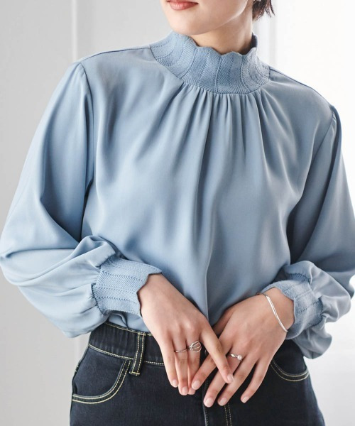 スカラップリブニット使いブラウス 大きいサイズ レディース30