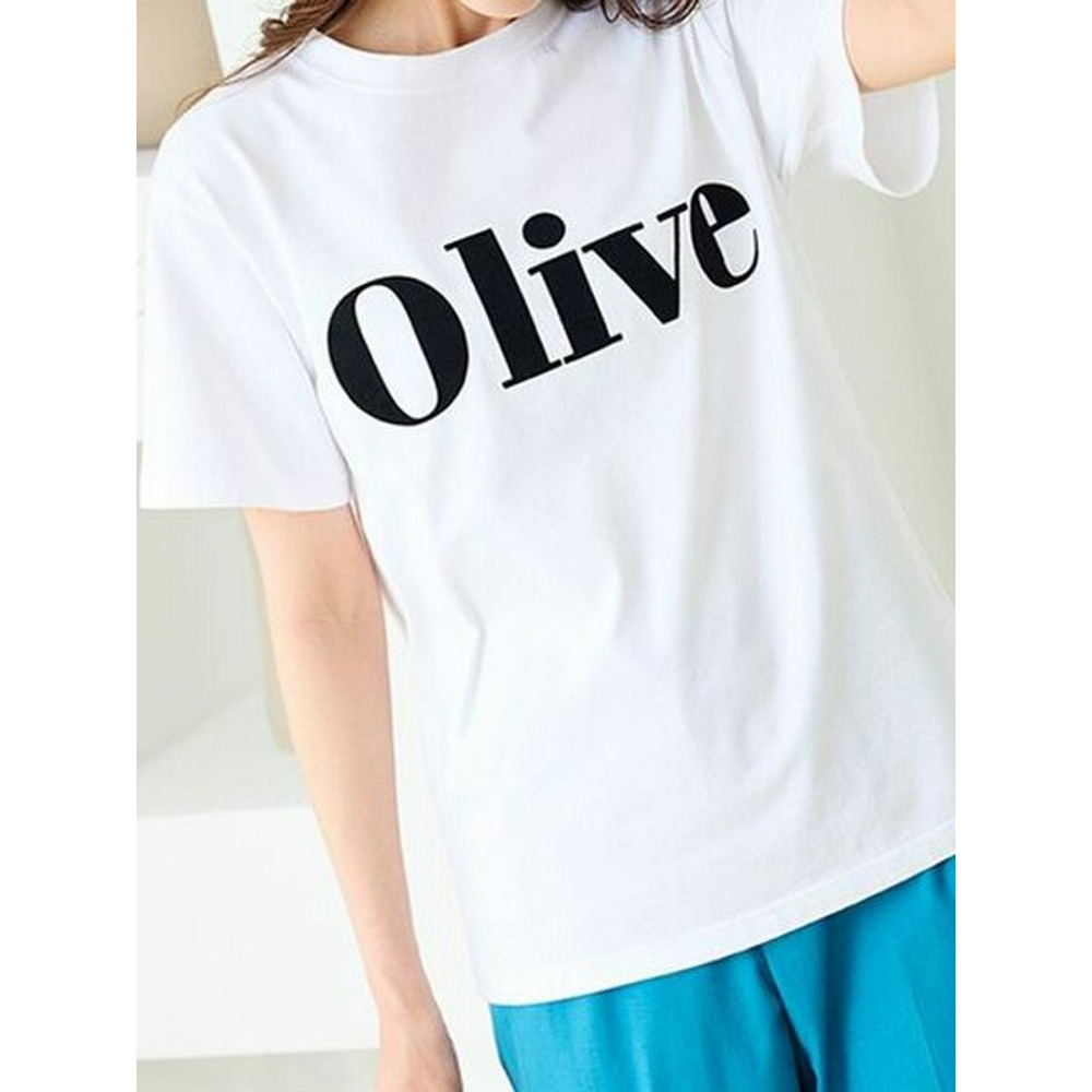 フロッキープリントロゴＴシャツ　大きいサイズ レディース オフホワイト(OLIVE 1