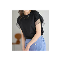 １枚でこなれ感！袖チュールデザイン綿混Ｔシャツ