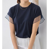 １枚でこなれ感！袖チュールデザイン綿混Ｔシャツ