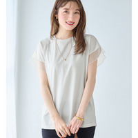 １枚でこなれ感！袖チュールデザイン綿混Ｔシャツ