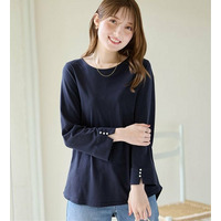 【８分袖新登場！】さらっと涼やか！綿混素材パール調ボタンＴシャツ