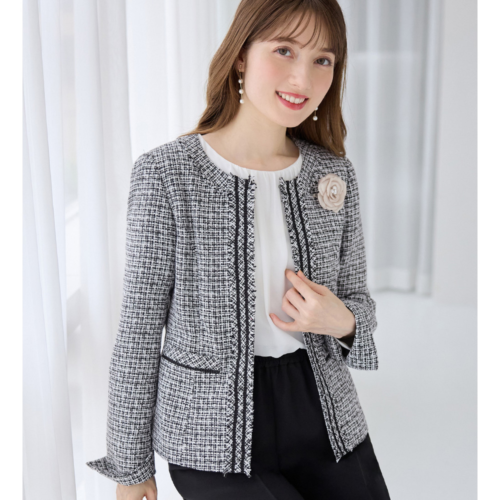 【洗える】フリンジ使いツイードノーカラージャケット　大きいサイズ レディース