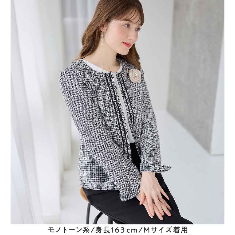 【洗える】フリンジ使いツイードノーカラージャケット 大きいサイズ レディース11