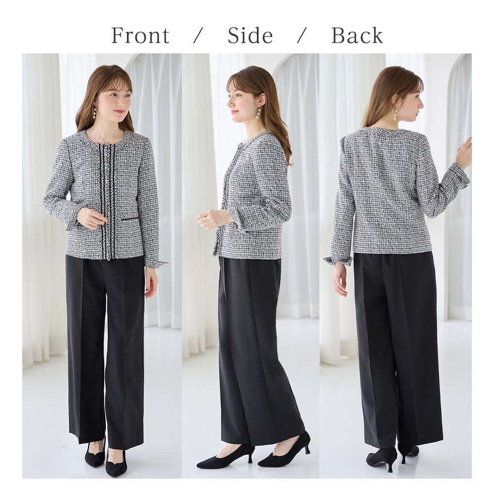 【洗える】フリンジ使いツイードノーカラージャケット 大きいサイズ レディース7