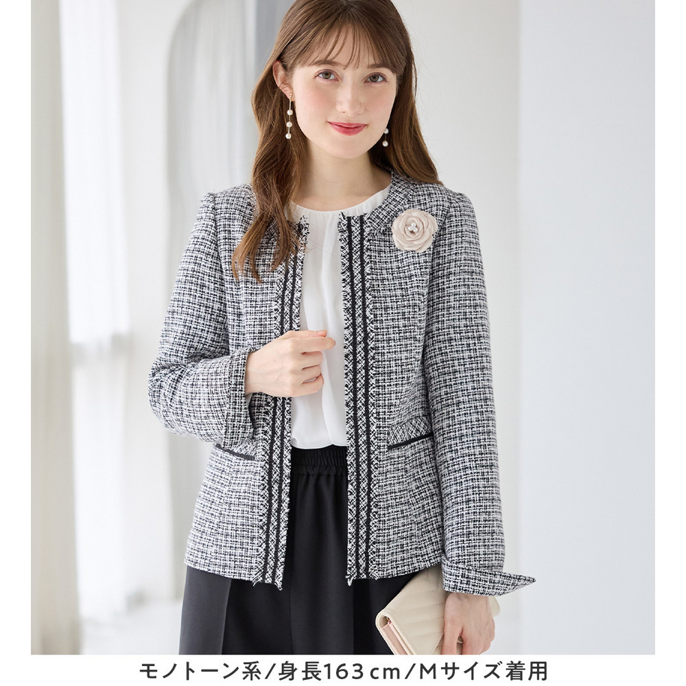 【洗える】フリンジ使いツイードノーカラージャケット 大きいサイズ レディース8