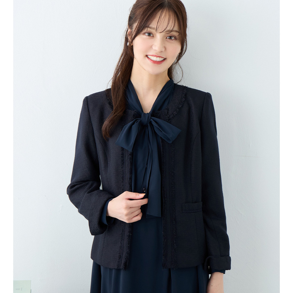 【洗える】フリンジ使いツイードノーカラージャケット 大きいサイズ レディース1