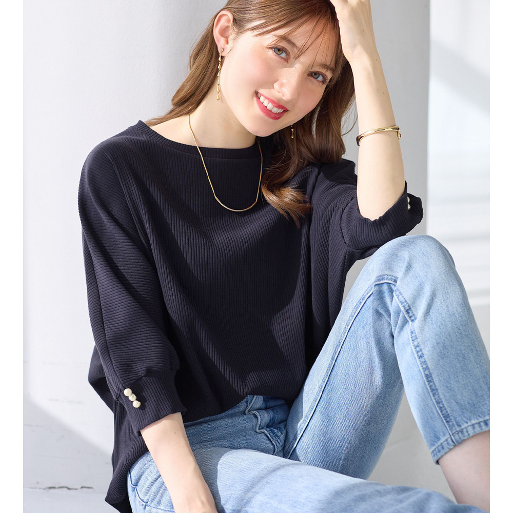 袖口パールゆるドルマンリブトップス