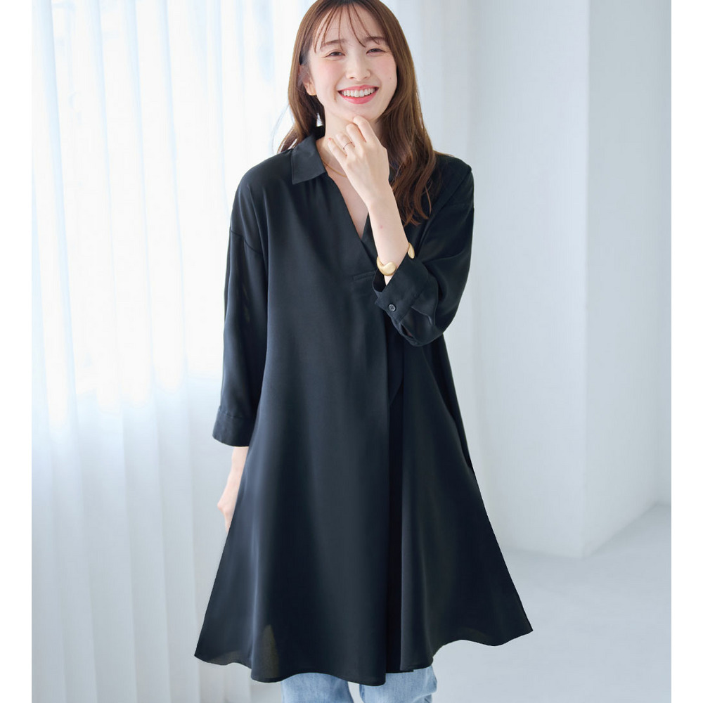 衿付きスキッパーとろみチュニックワンピース