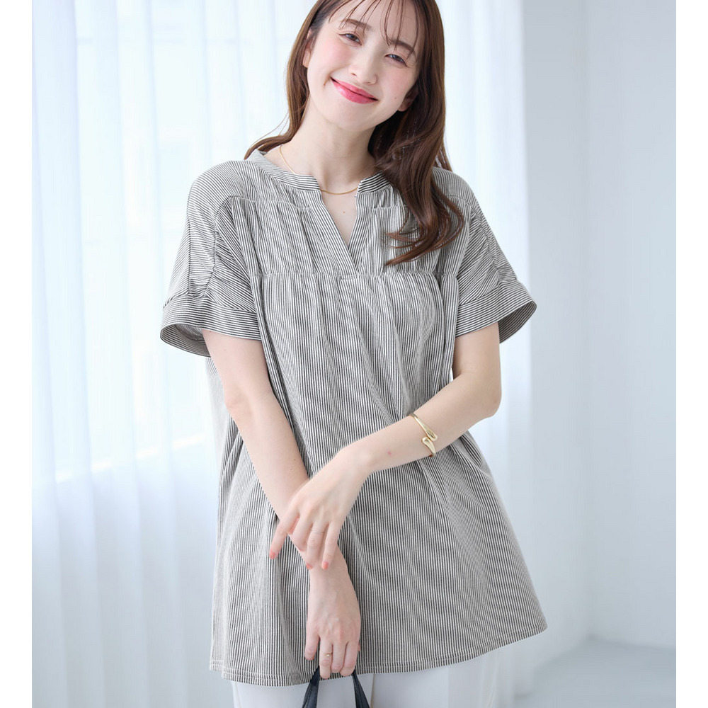さらっと軽い綿混ストライプギャザーチュニック