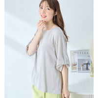 さらっと軽い綿混ストライプ袖タックブラウス