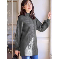 【毛玉になりにくい・静電気防止】ケーブル柄パフ袖ゆるニットチュニック　大きいサイズレディース