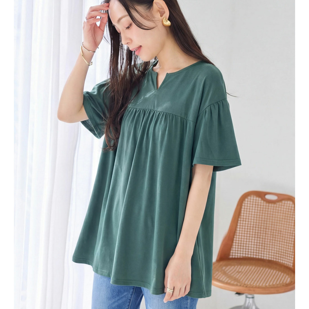 軽やか綿混カットソーキーネックチュニック