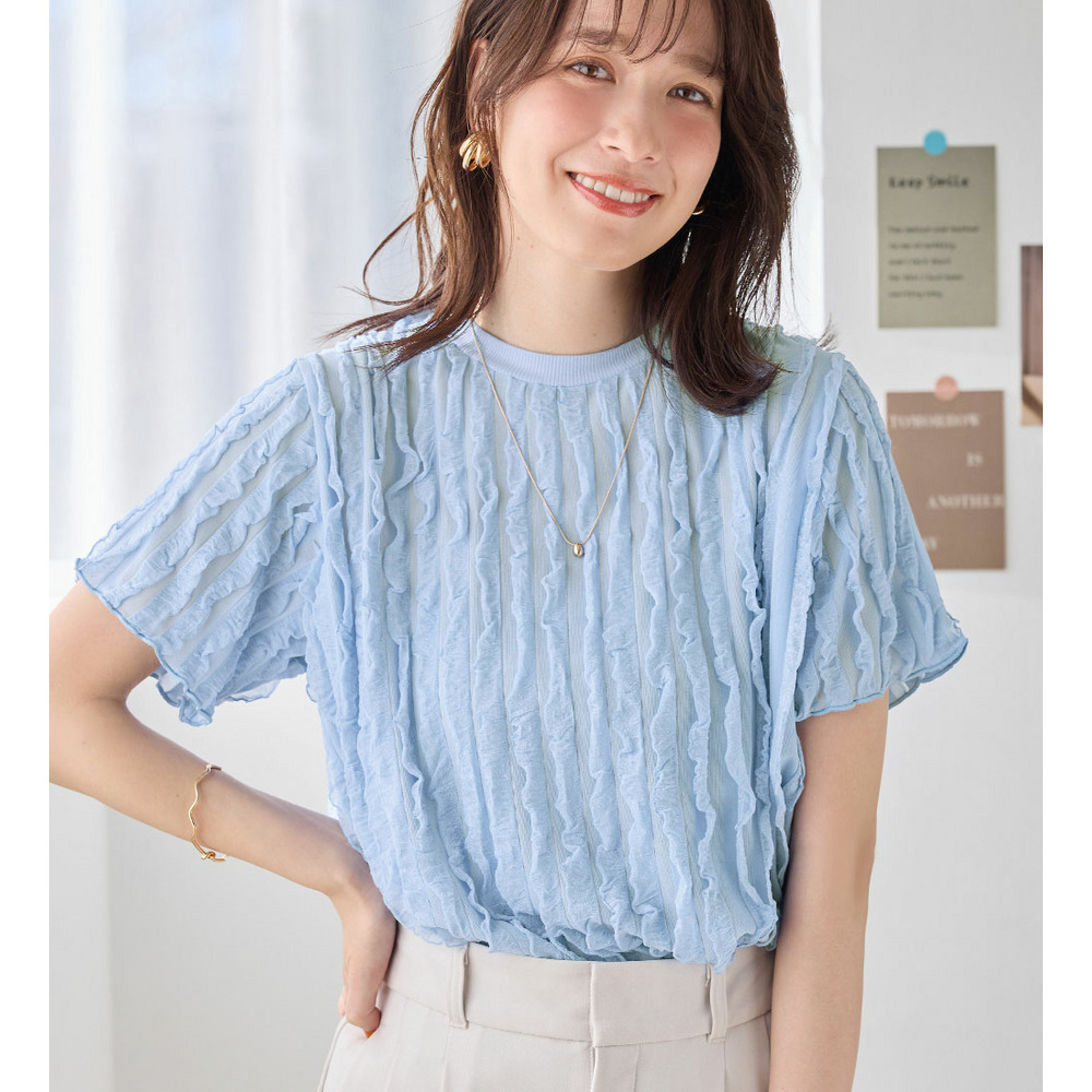 フリルシアー素材ゆるトップス