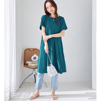 【ショート丈】ひんやり＆シワになりにくい　エンボス素材Ａラインワンピース