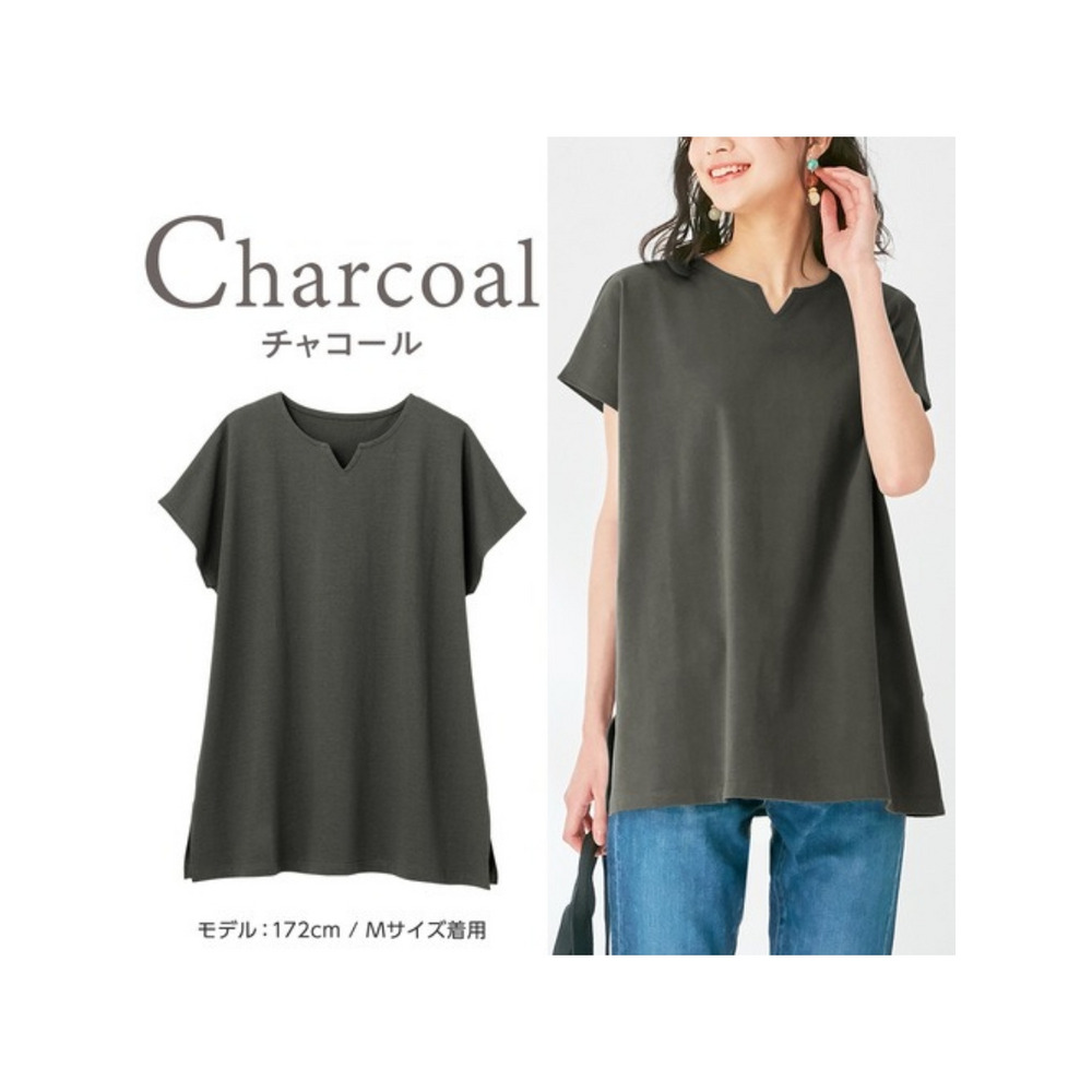 綿１００％キーネックゆったりＴシャツ　大きいサイズ レディース チャコール 1