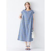 【選べる２丈】ギンガムタック使いワンピース（ショート丈）　大きいサイズ レディース