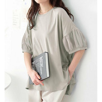 【5つの機能付】ボリューム袖シフォン切替Ｔシャツ　大きいサイズレディース