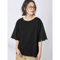 綿１００％ 袖レース切替Ｔシャツ　大きいサイズレディース