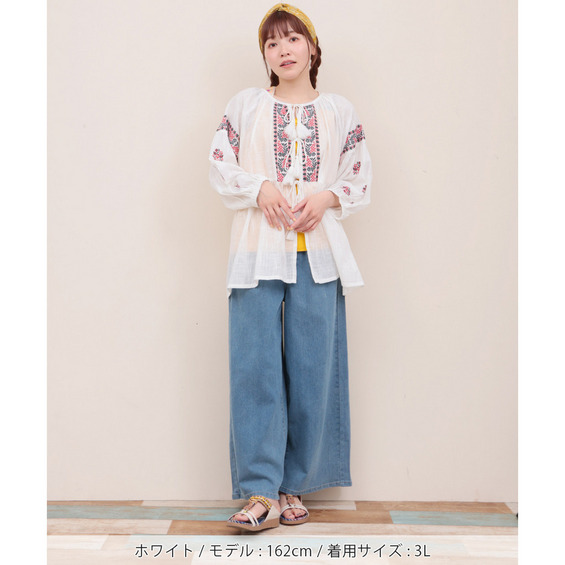 コットンスラブ エンブロイダリーブラウス(大きいサイズ)【アリノマ/Alinoma】 コットンスラブ エンブロイダリーブラウス(大きいサイズ)【アリノマ/Alinoma】